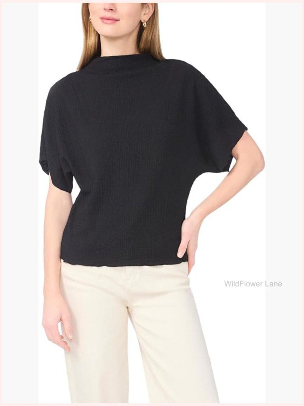 Dolman Sleeve Mock Neck Top Blouson Blouse Regular Fit Stretchy Polyester